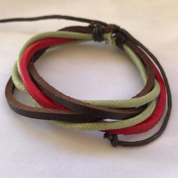 Red Brown & Green Braided Leather Handmade Bracelet Adjustable Wristband - Picture 1 of 3